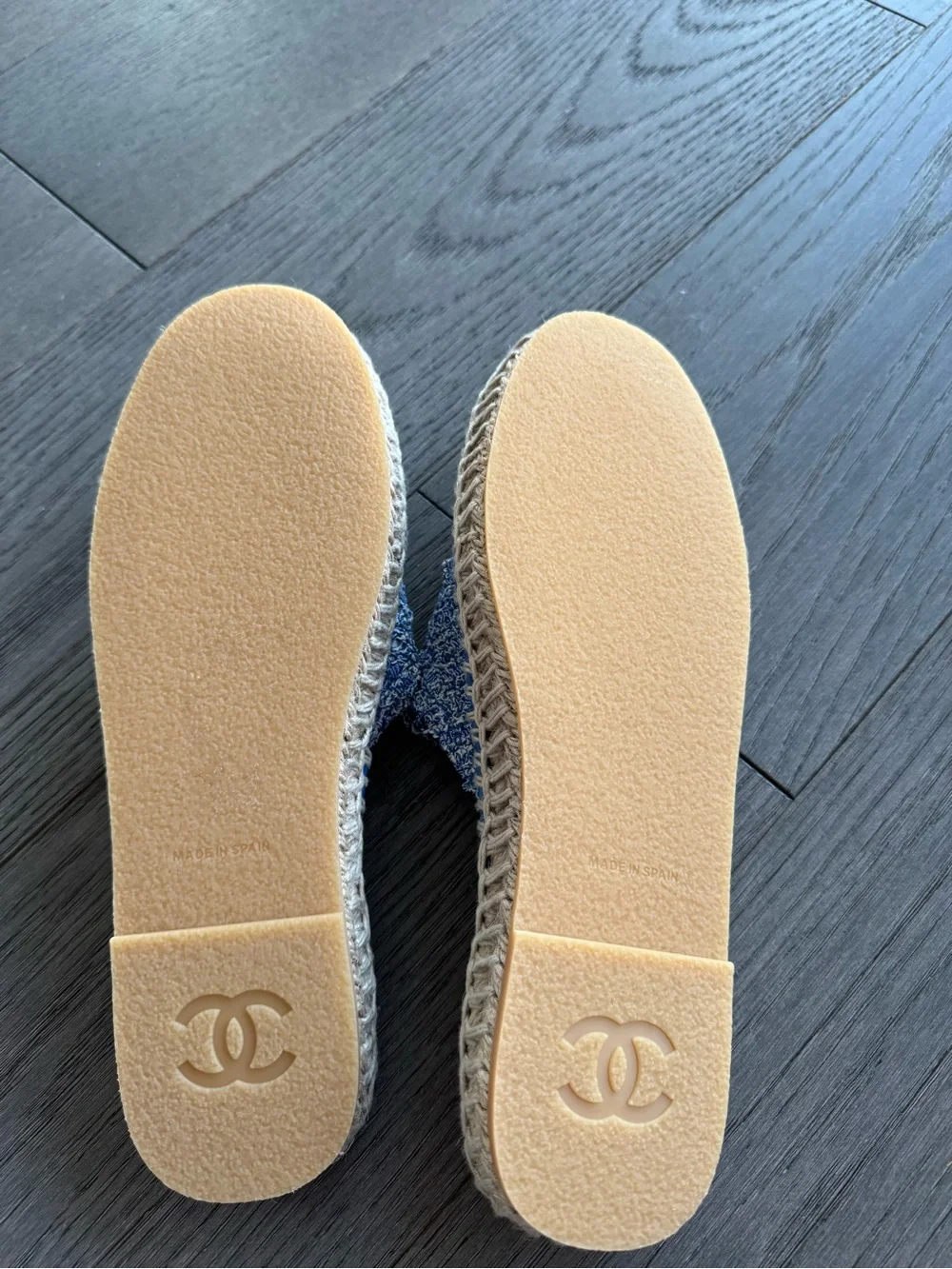 Chanel blue sequined tweed espadrille mules